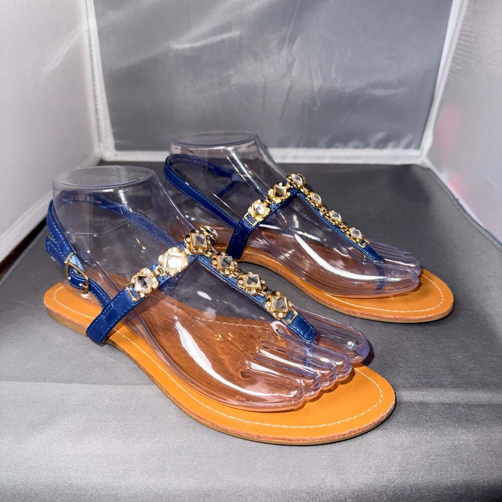 Madeline Stuart Gordon Blue Rhinestone T-Strap Flat Sandals